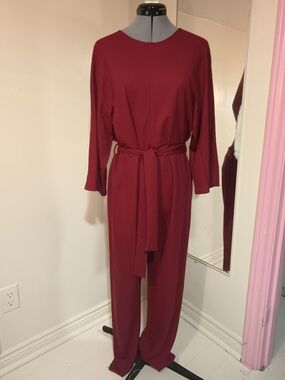 Mango Long Sleeve Burgundy Jumpsuit with Self Tie Waist